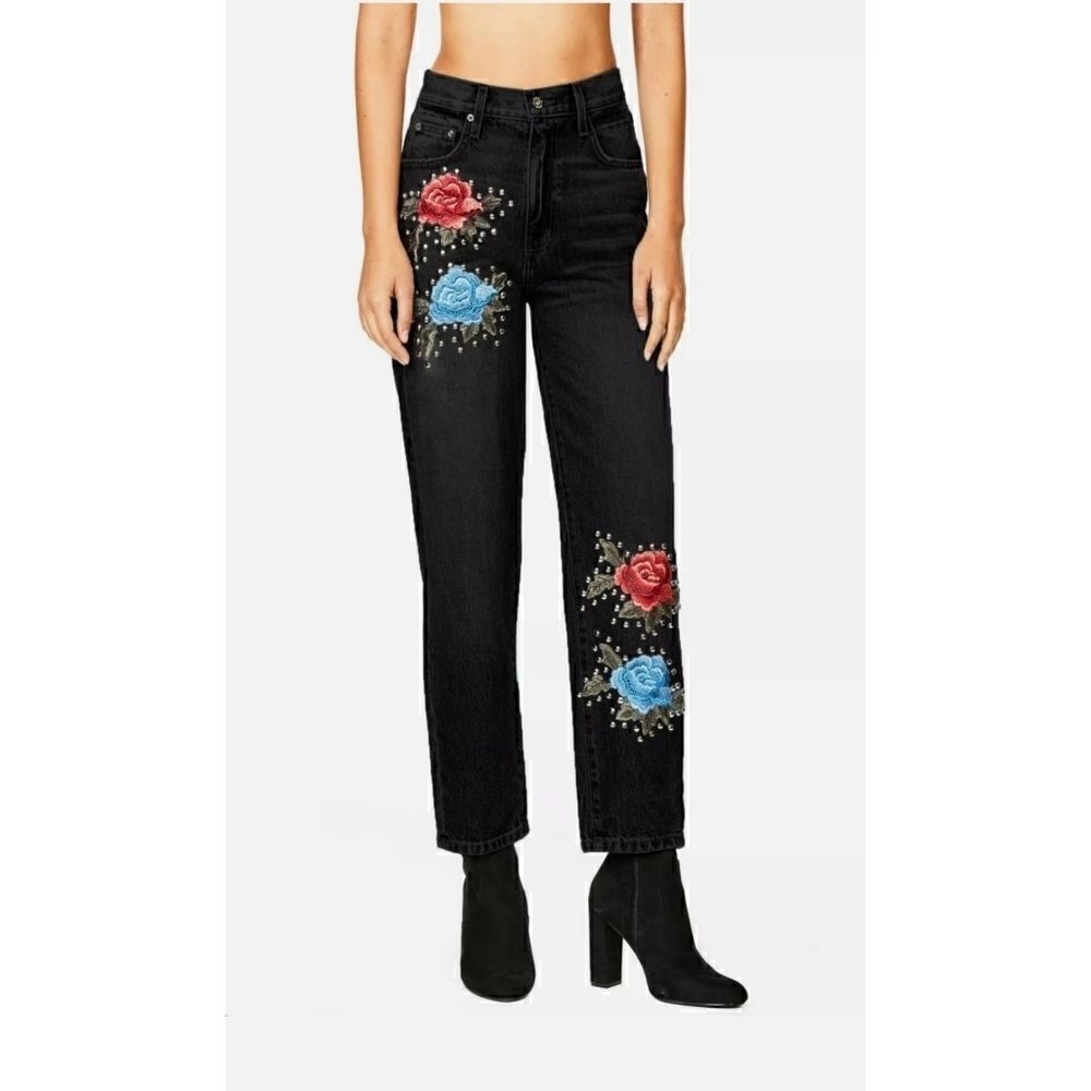 Carmar Black High Rise Rose Embroidered Studded Denim Jeans‎